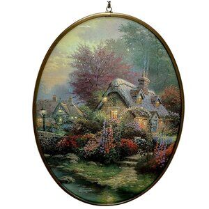 Thomas Kinkade Stained Glass Country Cottage Scene Oval 6.5" Long Suncatcher